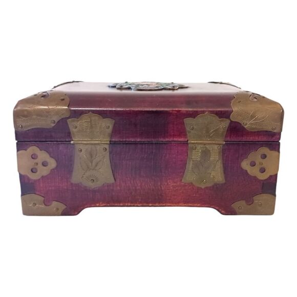 Vintage Cloisonne Wooden Jewelry Box Asian Brass Floral Rosewood Silk Lined - Picture 11 of 16
